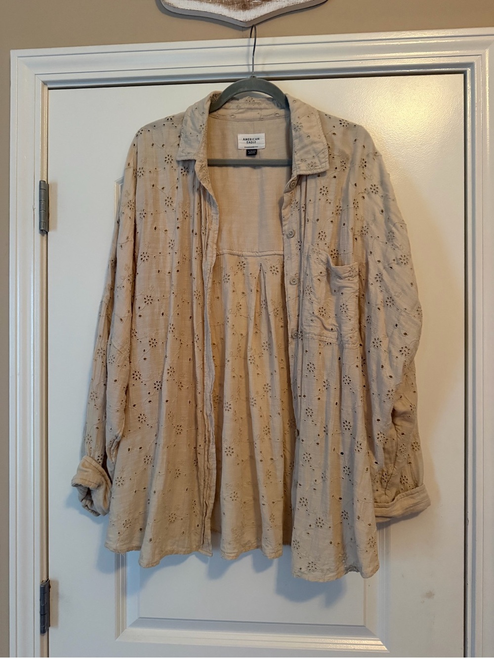 American Eagle Outfitters Beige Eyelet Button-Down Shirt